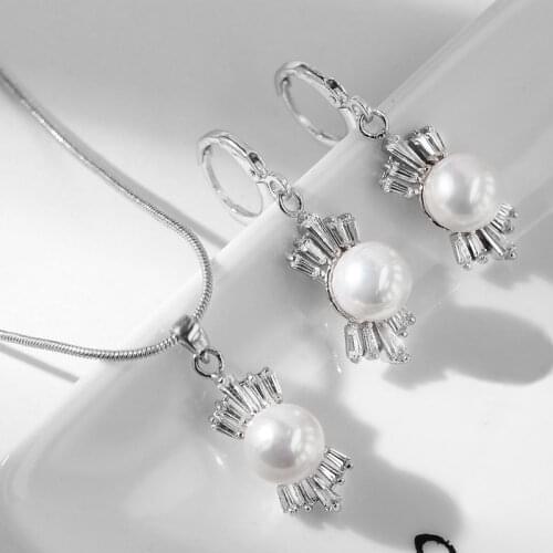 FYM Wedding Simulated Pearl Jewelry Sets Hypoallergenic Silver Color Necklace Earrings Pearl Jewelry Set for Bride