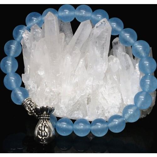 Hot sale new fashion free shipping light blue aquaramrine stone round beads 8mm elastic strand bracelet diy jewelry 7.5inchB2019