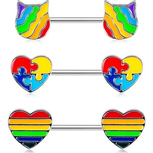 2PCS 14G Nipple Shield Rainbow Love Heart Cat Nipple Rings for Women Bar Stainless Steel Barbell Nipple Piercing Body Jewelry