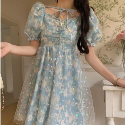 Kawaii Lolita Sweet Dress Princess Blue Gothic Puff Sleeve Party Dress Japanese Harajuku Ruffle Lace-up Soft Girls