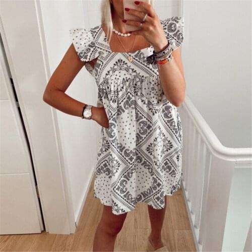 Summer Women Mini Dress Elegant Butterfly Sleeve Beach Party Dress Cute Square Collar Print Ladies Ruffled Dresses Vestidos
