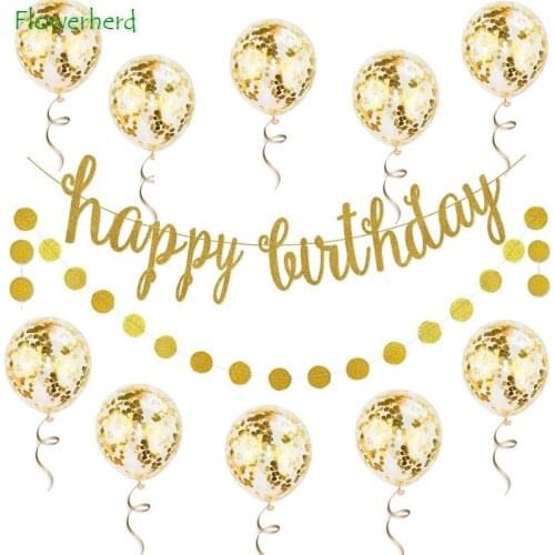 Gold Happy Birthday Banner Confetti Balloon Birthday Decoration Kit Confetti Balloons for Birthday Party Decorations Pre-Strung