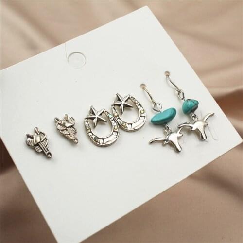 New Fashion Silver Color Alloy Ox-head Stud Earrings Set for Women Crystal Moon Star Blue Stone Earrings Jewelry Party Gift
