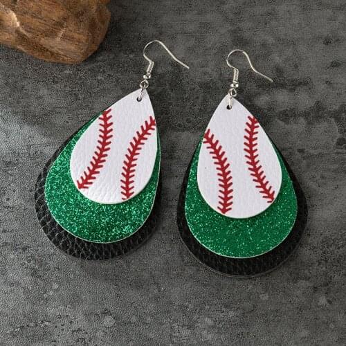 2020 New Baseball Earrings Three Layers Sequined Water Drop Leather Dangle Earrings for Women