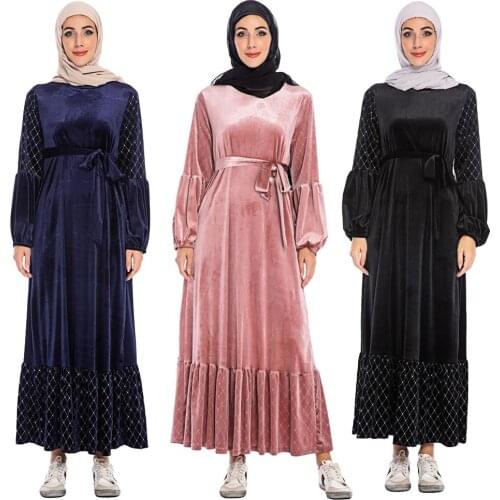 New Velvet Abaya Muslim Women Long Sleeve Ruffle Dress Pleated Kaftan Islamic Jilbab Dubai Caftan Arab Robe Party Cocktail Gown