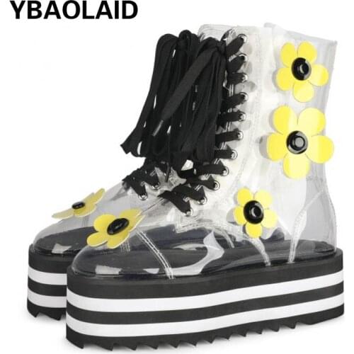 New Transparent Plant Print Side Zipper Martin Boots Increase Thick-soled Single Boots Cross Lace Flower Fashion Short Boots