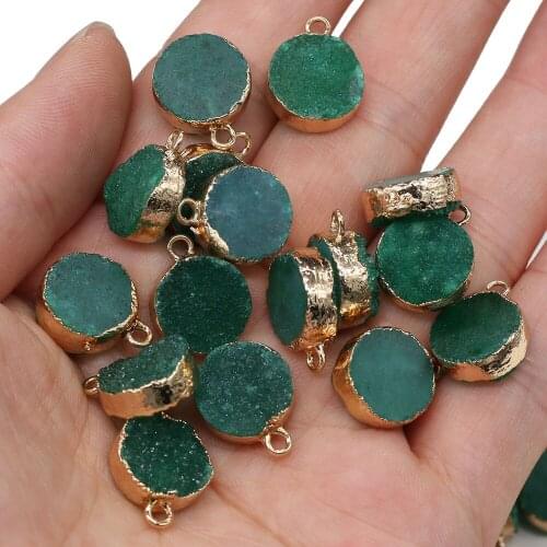 Natural Stone Charms Gemstone Round Green Agate Crystal Bud With Gilt Edge Pendant For DIY Necklace Jewelry Finding Accessories