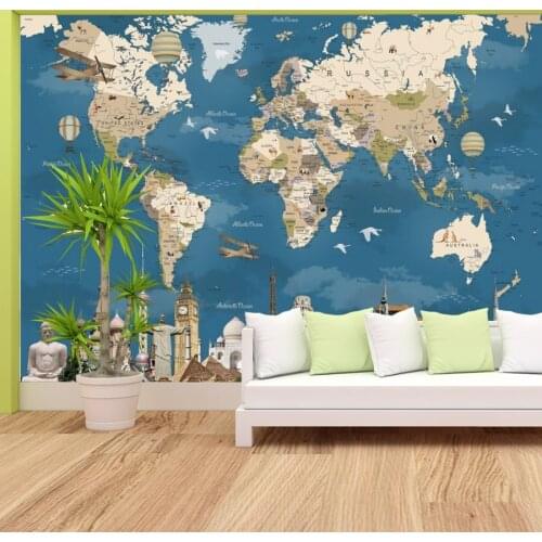 Custom Wall World Map House Living Room Kids Bedroom Decoration Stickers Decor Decal Wallpaper Retro Vinyl Background Mural Roll