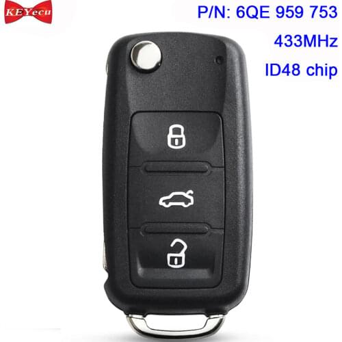 KEYECU for Volkswagen Fox Gol Sharan Saveiro Remote Key Fob 433MHz ID48 Chip FCC ID 6QE 959 753