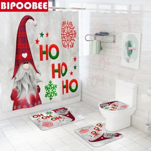 Christmas Dwarf Printed Polyester Waterproof Mildew Proof Shower Curtain Santa Claus Bath Mats Non-slip Carpet Bathroom Set