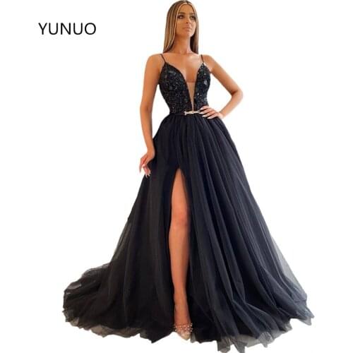 YUNUO Sexy Black Tulle Split A-line Prom Formal Dresses Spaghetti Straps Beading Evening Gowns robe de soiree Formal Dress