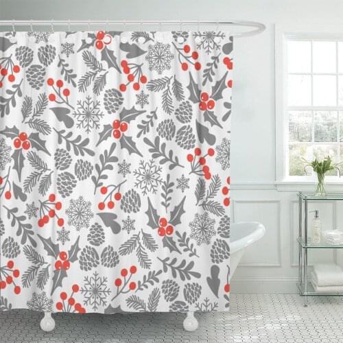 Gray Silhouette Winter with Holly Berries Part of Christmas Collection Pattern Fills Prints Red Berry Shower Curtain Waterproof