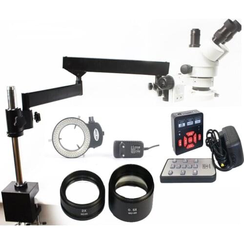 Simul-Focal 3.5X-90X Articulating Arm Clamp Trinocular Stereo Microscope 21MP HDMI USB Digital Camera microscope 144 Led Ring