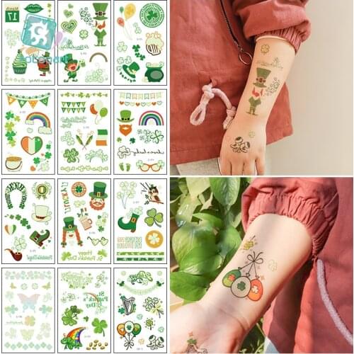 Saint Patricks Day Luminous Temporary Tattoos Ireland Four Leaf Clover Design For Kid Fake Tattoo Waterproof Children Tatoo Sti