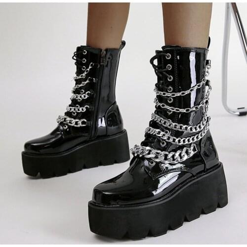 GIGIFOX Big Size 43 Top Quality Gothic Fashion Black Chunky Platform Punk Chains Motorcycles Boots Winter Shoes Women