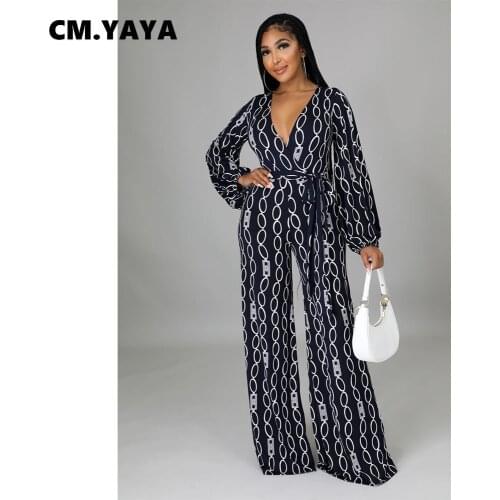 CM.YAYA Women Jumpsuit Print Full Sleeve V-neck Bandage Sashes Loose Wide Leg Jumpsuits Fashion One Piece Overalls Autumn 2021