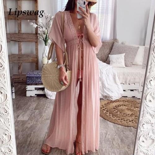 Lipswag Beach Sexy V-neck Lace Dress Women New Summer Short Sleeve Loose Maxi Dress Elegant Bandage Cardigan Party Dress Vestido