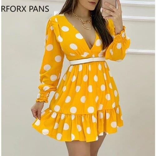 Women V-Neck Plunge Polka Dots Shirring Design Ruched Ruffles Casual Dresss Summer Dress Mini Elegant Dress