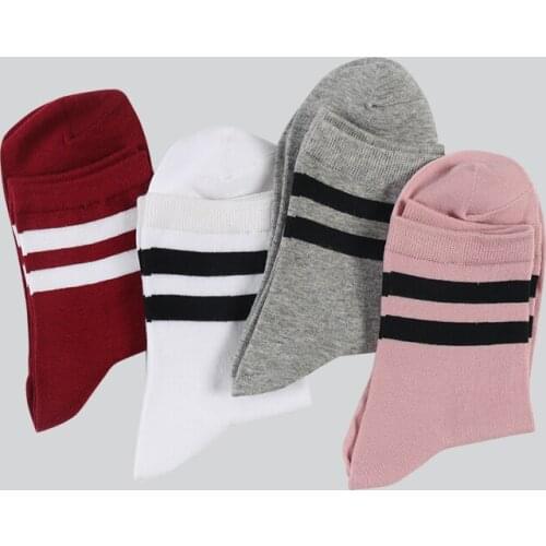 DONG AI 5 Pairs Cute Cotton Two Striped Crew Socks Japanese High School Girls Casual Women Sox Harajuku Designer Retro Black Whi