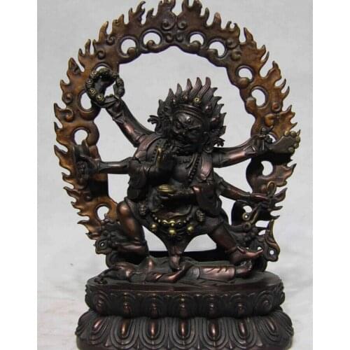 Bi001702 Tibet Buddhism Temple Red Bronze Copper Six arms Mahakala Buddha God Statue