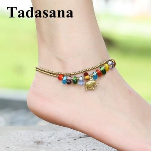 Bohemia Colored Glass Anklets Set For Women Vintage Handmade Wave Anklet Bracelet on Leg Beach Ocean Copper Elephant Jewelry