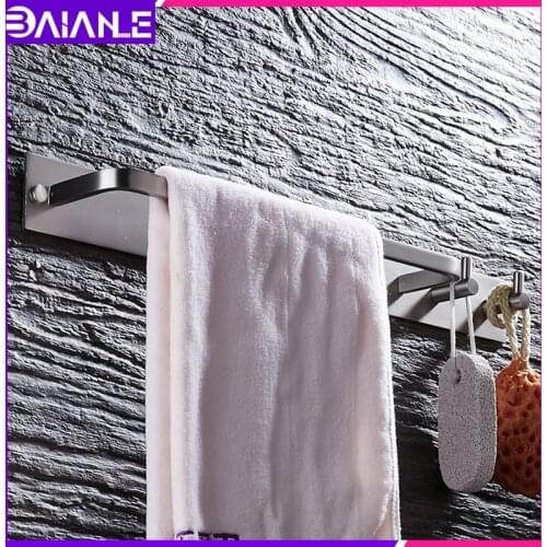 Towel Bar Black Aluminum Brushed Single Towel Holder Rail Wall Mounted Bathroom Towel Rack Hanging Holder with 2 Hooks toallero