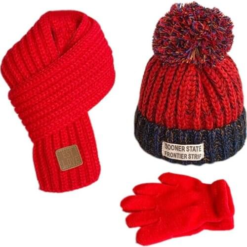 Children Kids Winter 3Pcs Cable Knit Beanie Hat Circle Scarf Set Cute Pompom Contrast Colo Cap Ski Neck Warmer 4-12 Years H9ED