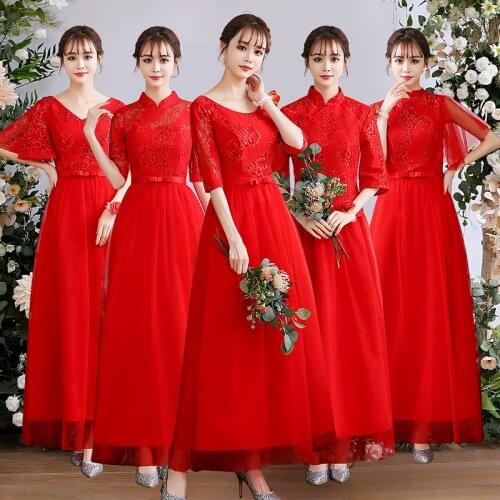 Red Joyous Cut-out Elegant lace Vestido Madrinha Lace Long Bridesmaid Dresses Sexy Chiffon Dress for Wedding,Vestidos de festa
