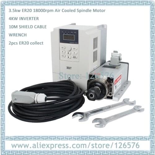 GDZ105*102-3.5 Flange air cooled spindle motor 3.5kw 18000RPM ER20 4 bearing Square shape + 4kw Inverter + shield cable