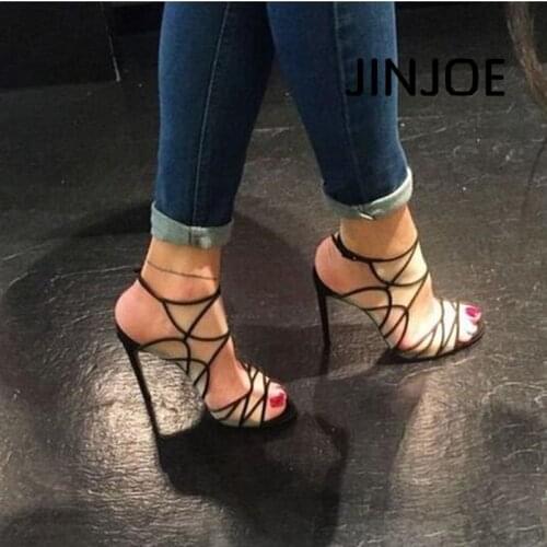 JINJOE Woman shoes Black Sexy hollowed out fashion high heel sandals Rome style Gladiator high heels Hasp Perspective grid