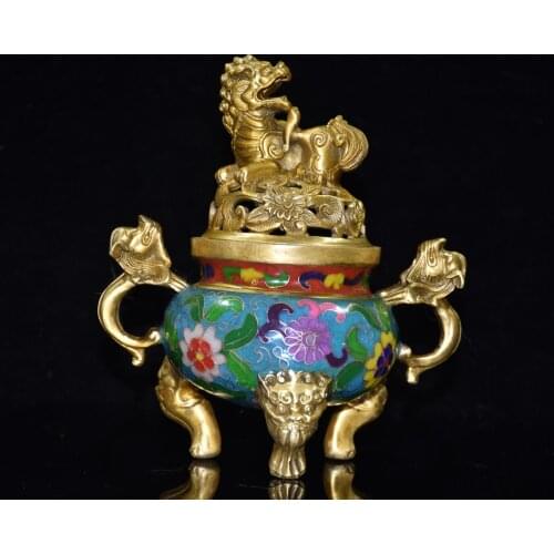 7"Chinese temple collection Old Bronze Cloisonne Enamel Lion statue Three-legged incense burner Ornaments Town House Exorcism