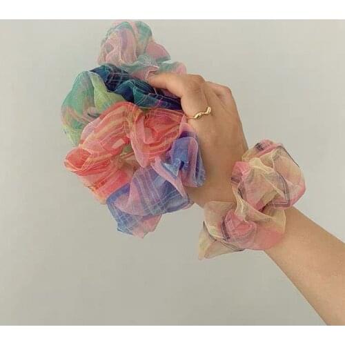 Summer Fashion Ins Dreamy All-match Hit Color Stripes Large Intestine Hair Band Simple Plaid Mesh Hair Ball Head Rubber Band