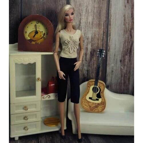 1/6 BJD Dolls Clothes Fashion Beige Sleeveless Elastic Shirt Black Trousers Outfits Set for Barbie Clothes Doll Accessories Toys