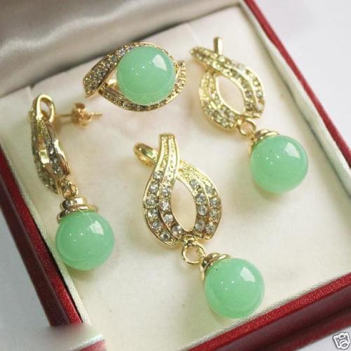 Wholesale good Jewelry Fashion 12mm Green gem stone Pendant Necklace Earrings Ring Set Genuine 18inch for Wedding women