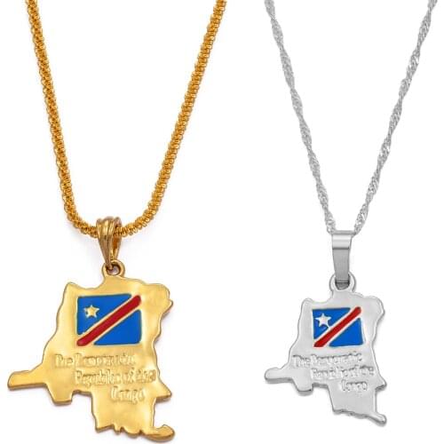 Anniyo (Two Size) Democratic Republic of the Congo Map and Flag Pendant Necklaces Gold Color Ethnic Jewelry #219406