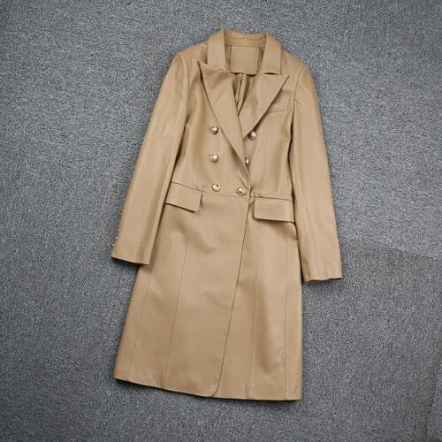 Spring Autumn Womens Leather Double-breasted Overcoat High Quality Sheepskin Trench coat C180
