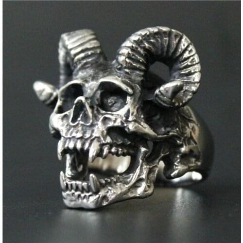 Drop Ship Size 8-14 Cool Horn Goat Skull Ring 316L Stainless Steel Mens Motorcycles Biker Zombie Vampire Skull Ring