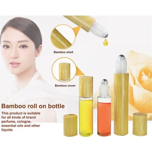 500pcs * 10ml cosmetic packaging empty bamboo material refillable perfume roll on bottle with metal roller