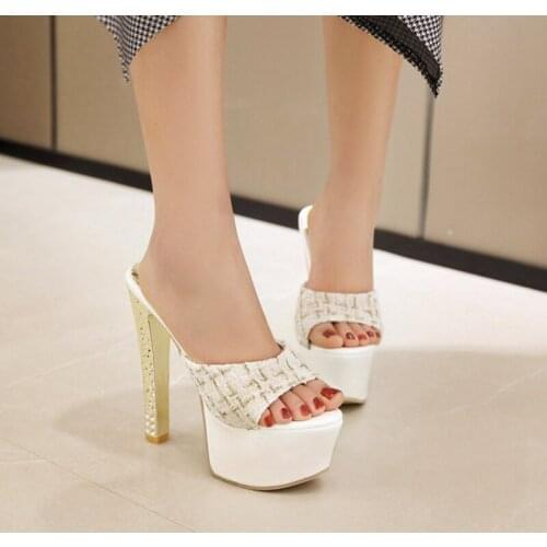 QPLYXCO platform sandals Summer Elegant 15cm Ultra High Heel Women Fish Toe Slippers wedding party shoes big size 31-48 D-12