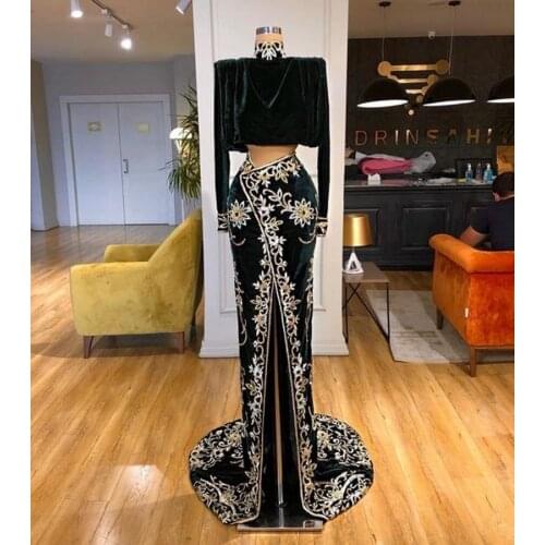 High Neck Green Evening Dresses Front Split Velvet Embroidery Lace Prom Dresses Dubai Robe
