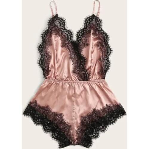 Sexy Pajamas Bodysuit V Neck Sleeveless Black Lace Shorts Underwear for Women 2021 Casual Nightwear Bielizna Damska Size S-XL