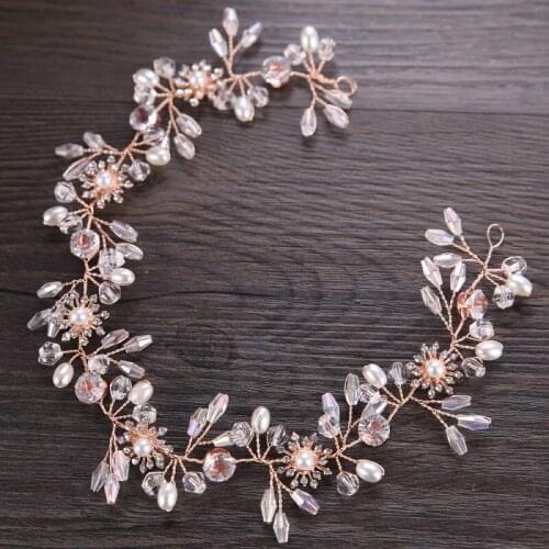 Crystal Wedding Headbands Rose Gold Bridal Headpiece for Brides Pearl Hair Vine Rhinestone Hair Accessories for Women Jewelry