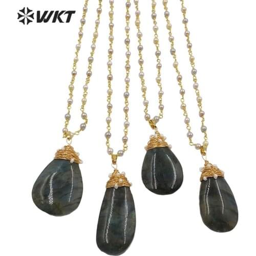 WT-N1216 WKT Trendy Stone Necklace Pearl Beads And Brass Wire Warpped Water Drop Labradorite Necklace Women Fashion Jewelry