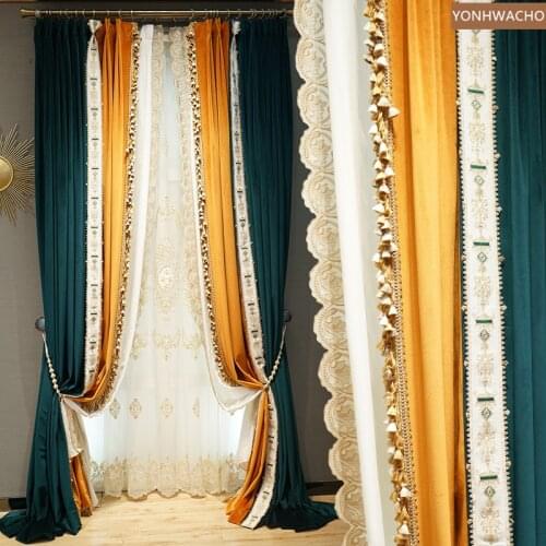 Custom curtain luxury European blue stitching orange high-grade thick velvet cloth blackout curtain tulle C617
