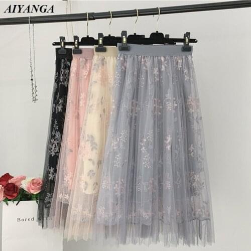 New Embroidery Mesh Skirts Women 2019 Spring Summer Lace Skirt For Women Medium long Style Chic Sweet A-Line Skirts Female