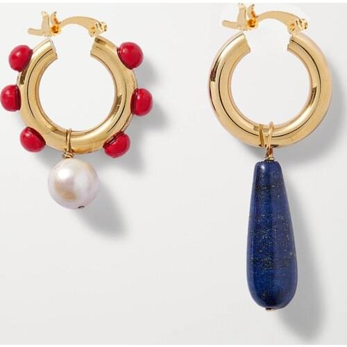 Timeless Pearly Womens Metallic thick Hoop Earring Different Pendants drop natural stone Asymmetrical hoop earring lady Quartzs