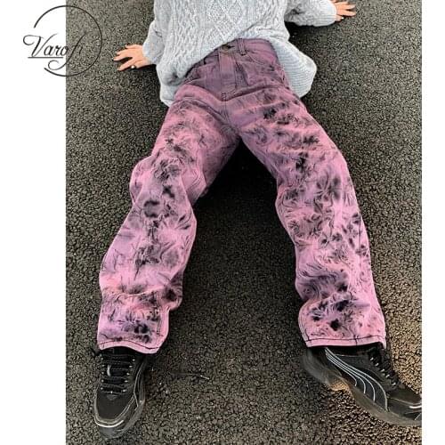 Varofi High street tie dyed jeans women autumn fashion high waist large size loose straight tube wide leg pants riped jeans