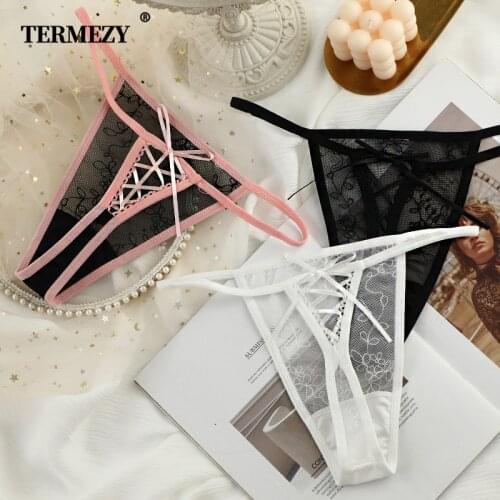 TERMEZY Sexy Lace Thong Ladies Panties Embroidered Mesh Yarn Perspective Women Girls Underwear Hot T Pants G-String Lingerie