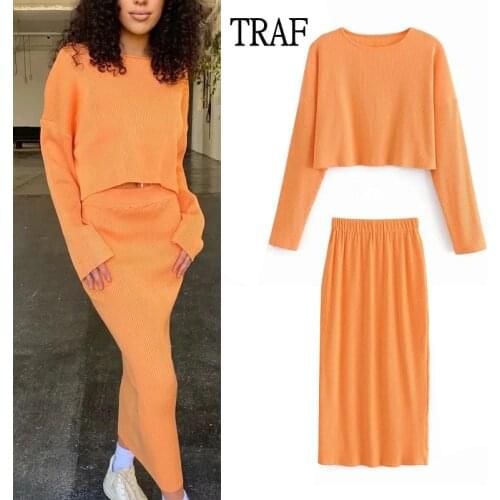 TRAF Za Womens Suit Autumn Loose Knitted Sweater Women Top + High Waist Midi Skirts Womens 2021 Streetwear Sweater Female Suit