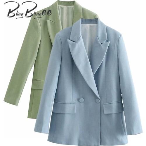 BlingBlingee OL Style Spring Summer Notched Collar Double Breasted Women Casual Suit Jacket Office Lady Blue Green Blazers